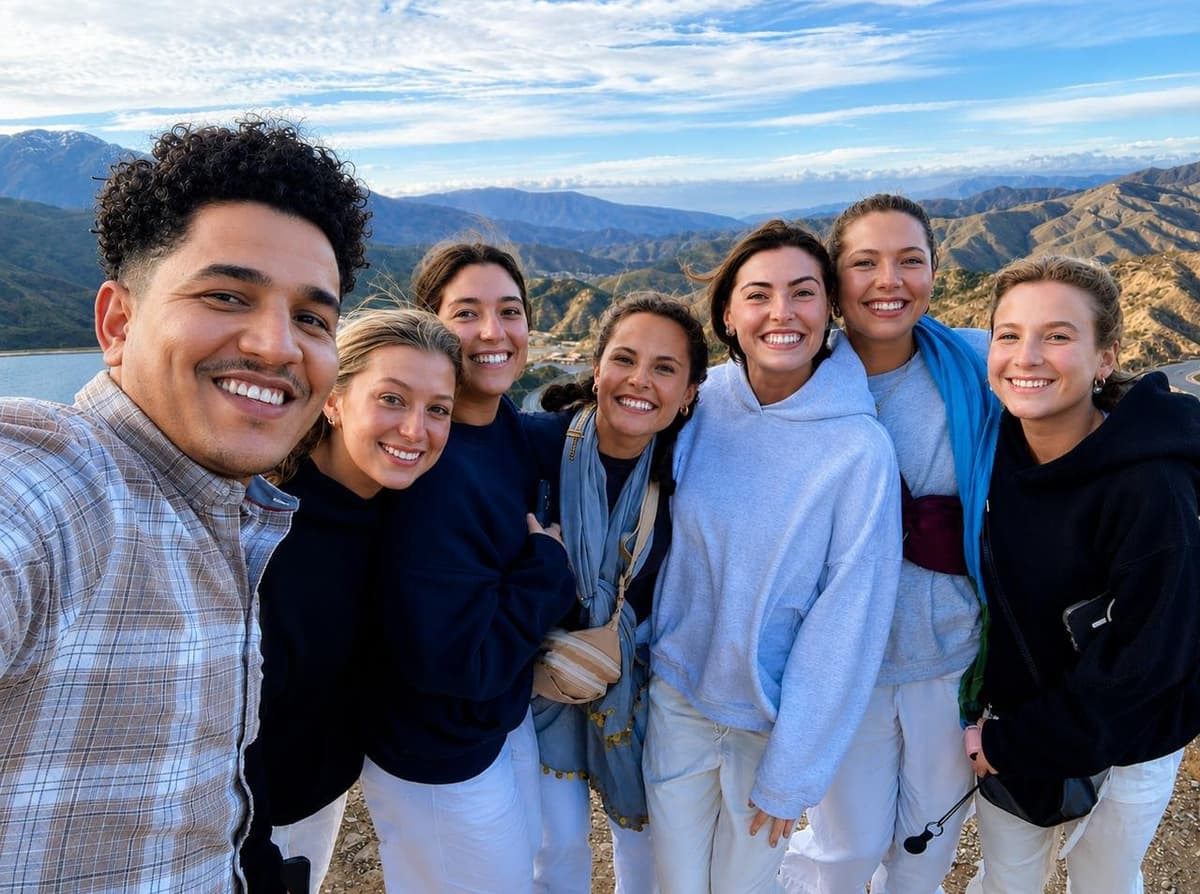 Tour guide with smiling tourists, mountains in the background.