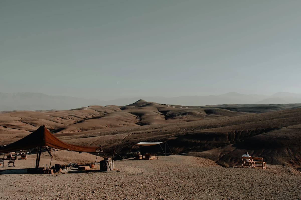 Agafay desert camp among the rocky hills near Marrakech
