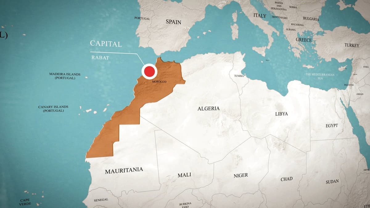 Map of Morocco in northwest Africa showing Atlantic coast Mediterranean Sea and Atlas Mountains